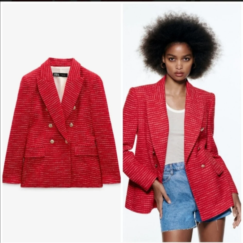 Zara * Textured Tweed Double Breasted Blazer Red Size XS